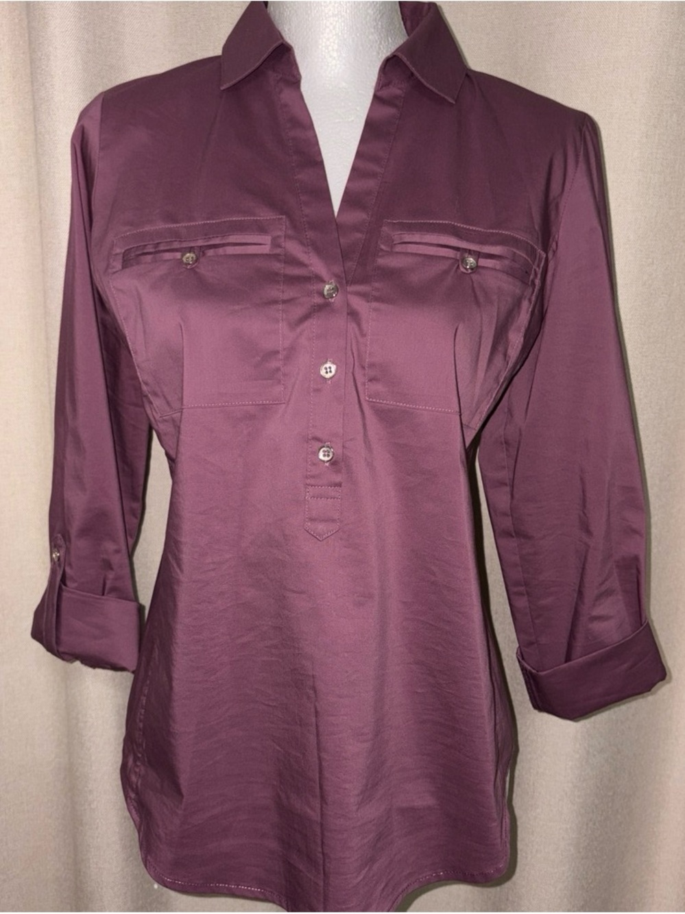 New York & Company Plum Button-Front Split V Tunic